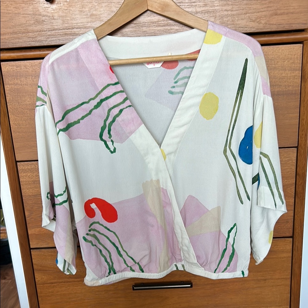 Gorman Pink and Blue Wrap Blouse with 3/4 Sleeves